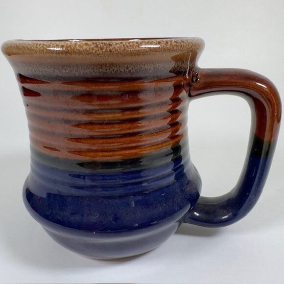 Classic Handmade Stoneware Drip Glaze Mug Brown Blue 1970s Ribbed Texture VTG - Picture 10 of 12